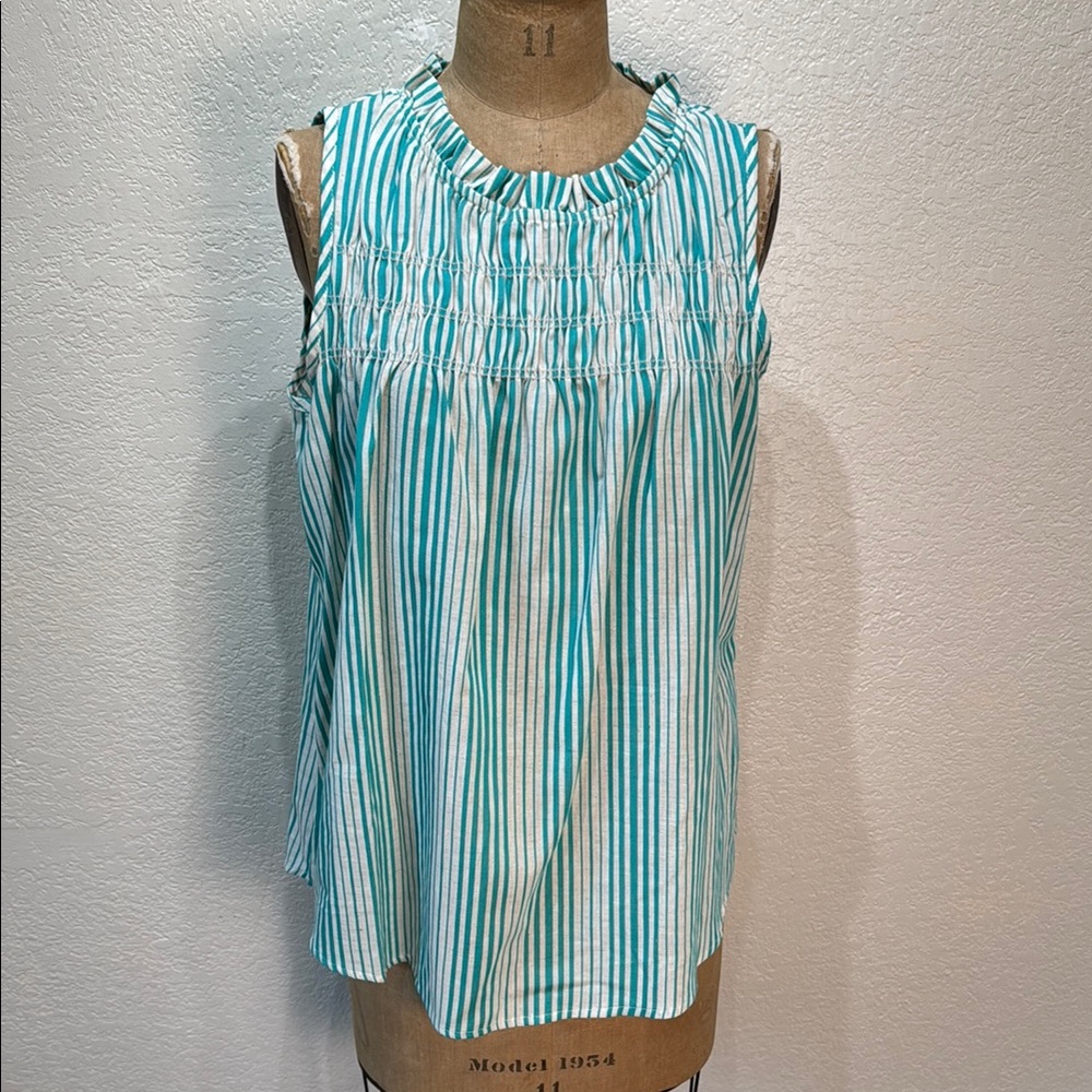 Lilypad Women's Large Striped Teal White Ruched‎ Ruffle Sleeveless Top NWT